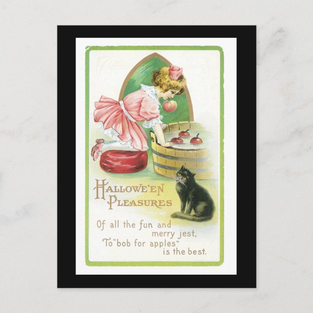 Carte Postale Halloween Chat noir et fille (Devant)