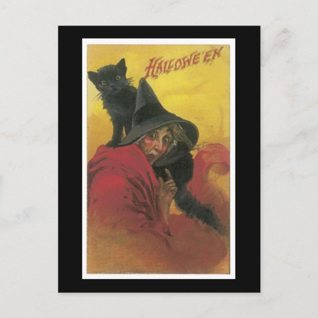 Carte Postale Halloween Chat noir et sorcière (Devant)