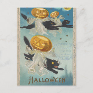 Carte Postale Halloween Chats noirs et Fantômes Citrouilles Vint