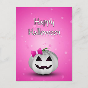 Carte Postale Halloween Citrouille blanche rose fille