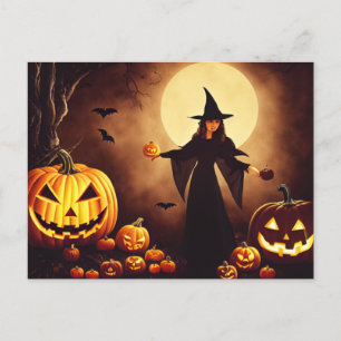 Carte Postale Halloween. Citrouille et sorcière à pleine lune.