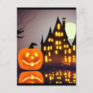 Carte Postale Halloween citrouille mignon et maison A.I. fun