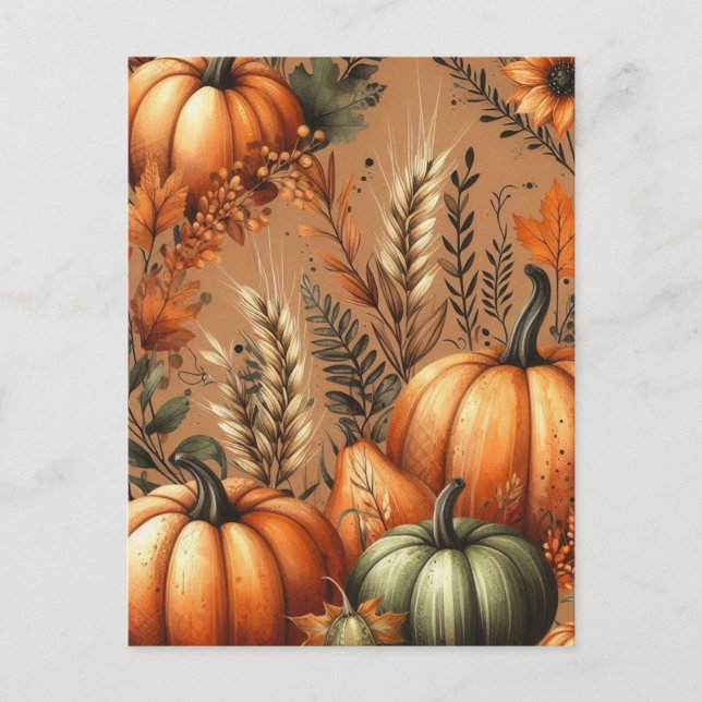 Carte Postale Halloween citrouille, verdure botanique et automne (Devant)
