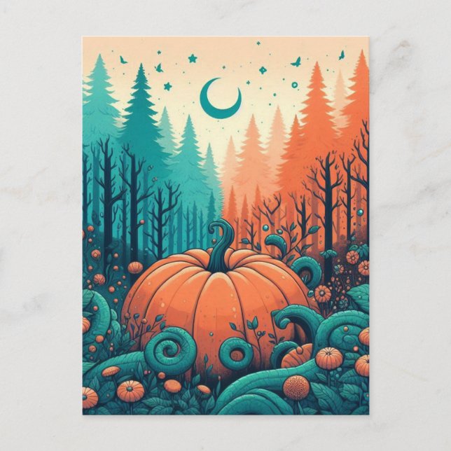 Carte Postale Halloween citrouille, verdure botanique et automne (Devant)