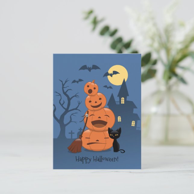 Carte Postale Halloween Citrouilles et chat noir (Debout devant)