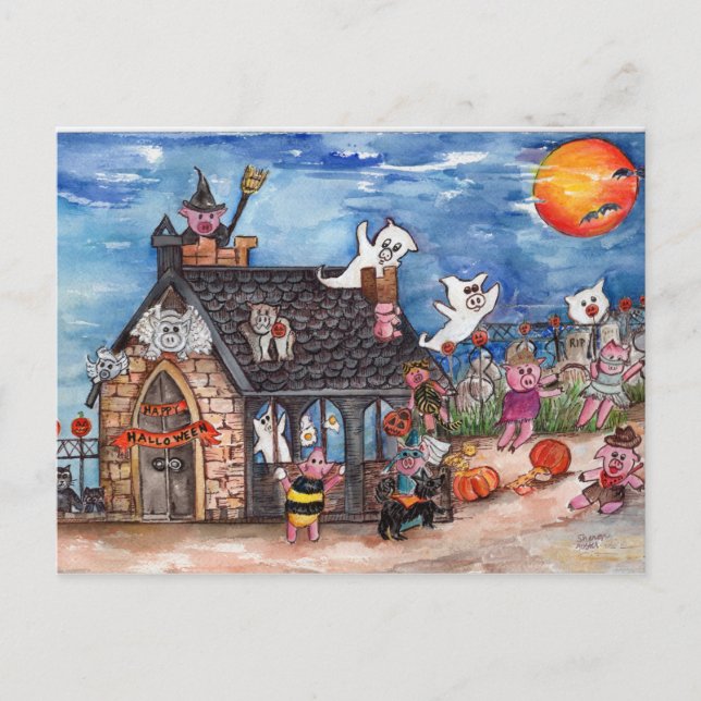 Carte Postale Halloween Cochons ou traitement, Fantômes aquarell (Devant)