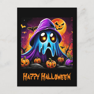 Carte Postale Halloween coloré Citrouille fantôme Happy Hallowee
