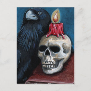 Carte Postale Halloween corbeau, crâne et peinture aux bougies