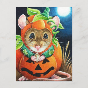 Carte Postale Halloween Costume Citrouille Souris aquarelle Art