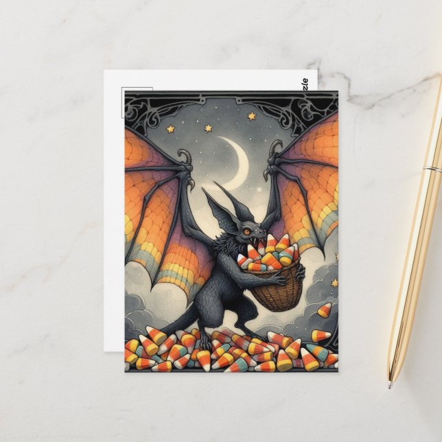 Carte Postale Halloween Creature With Candy (Devant/Arrière en situation)