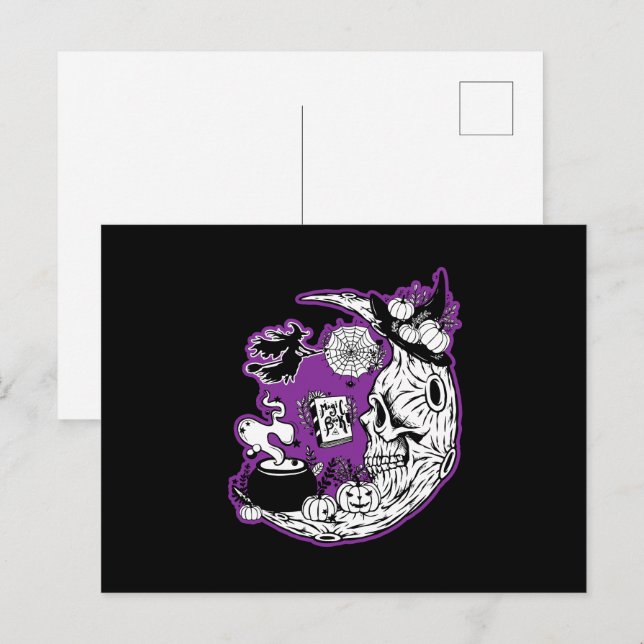 Carte Postale Halloween Croissant Lune crâne de sorcière (Devant / Derrière)