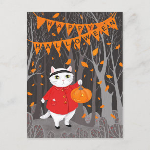 Carte Postale Halloween Cute Cat & Jack-o’-lanterne Citrouille