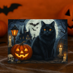 Carte postale Halloween de chat noir effrayant