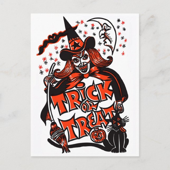Carte Postale Halloween de sorcière de la tique ou du traitement (Devant)