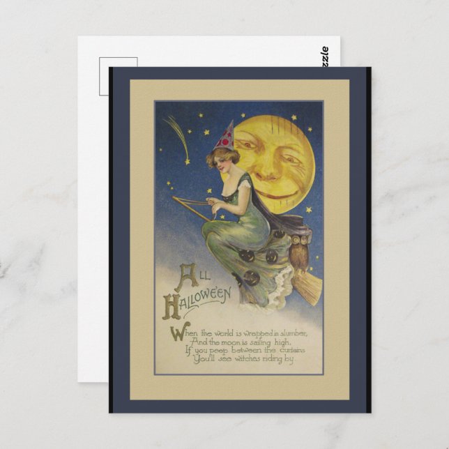 Carte postale Halloween de sorcière volante vintag (Devant / Derrière)