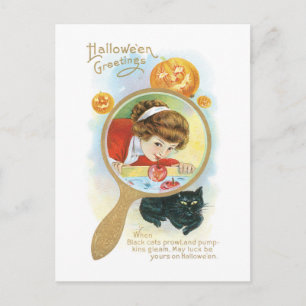 Carte Postale Halloween démodé, Fille et chat noir