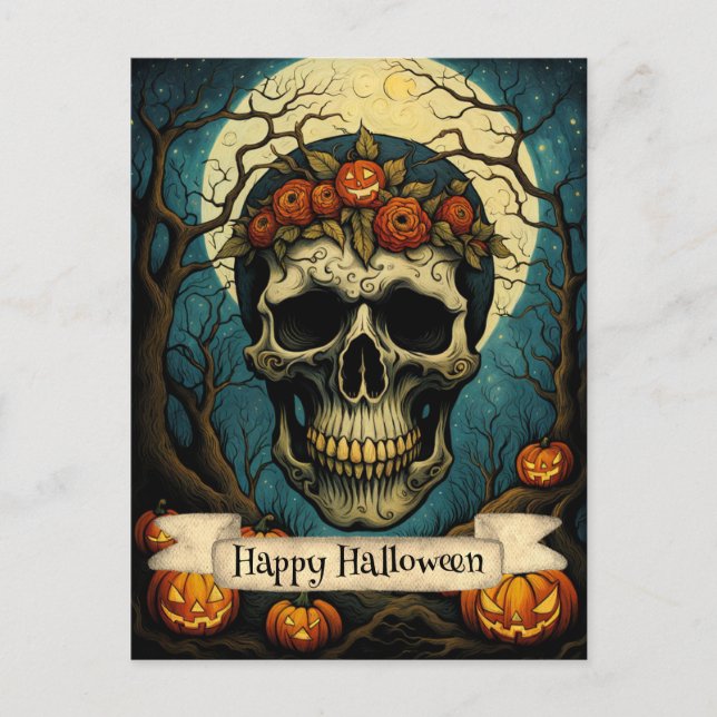 Carte Postale Halloween déplaisant Citrouille Floral Crâne (Devant)