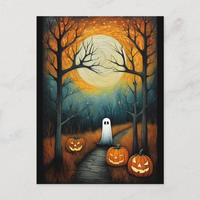 Carte Postale Halloween Éffrayant fantôme et Pleine lune Citroui (Devant)