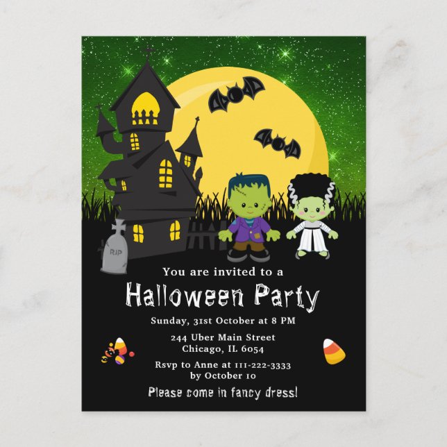 Carte Postale Halloween Fantastiques Robe Fête Monstres Vert (Devant)