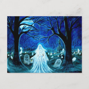 Carte Postale Halloween, fantôme, cimetière, pierres tombales, c