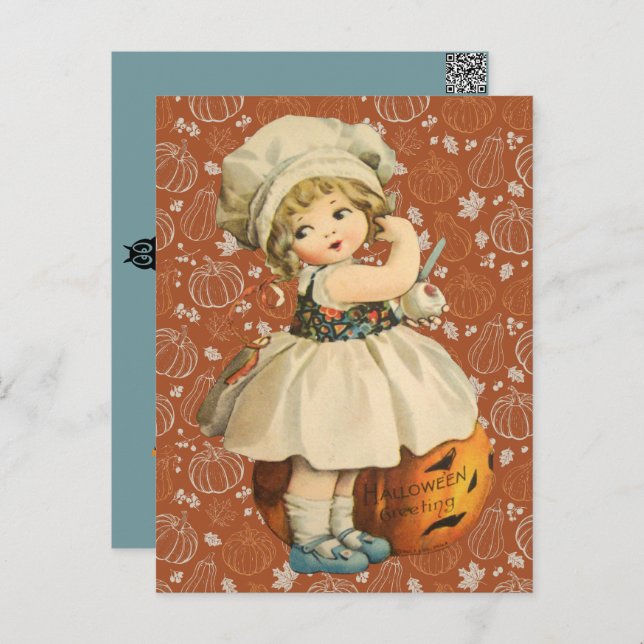 Carte postale Halloween Fille qui sculpte une pomm (Devant / Derrière)