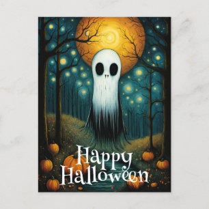 Carte Postale Halloween Ghost Boo Forêt de nuit Citrouille