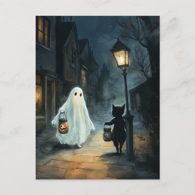 Carte Postale Halloween Ghost et Rencontre de chat (Devant)