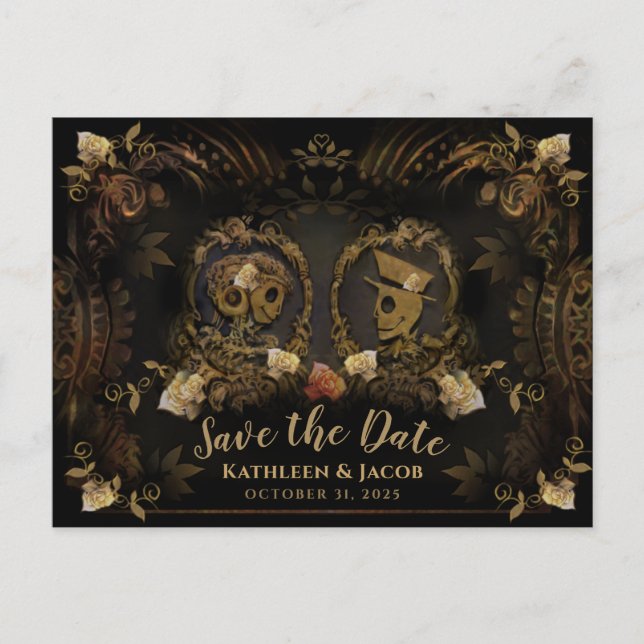 Carte Postale Halloween Golden Elegant Skeletons Enregistrer Dat (Devant)
