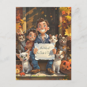 Carte Postale Halloween Happy Family avec animaux