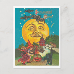 Carte Postale Halloween, jeune sorcière à pleine lune jaune