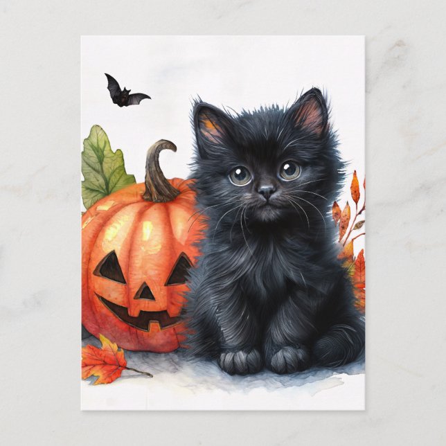Carte Postale Halloween Kitten noir avec Jack-o-lanterne (Devant)