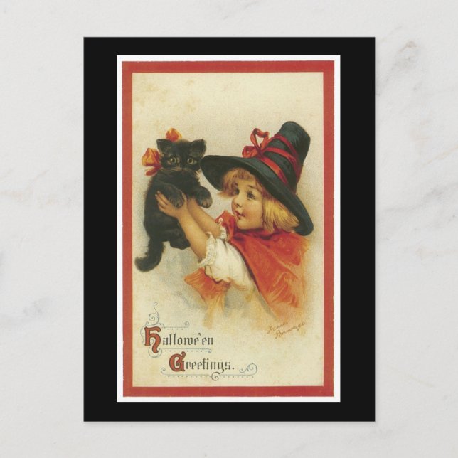 Carte Postale Halloween Kitten noir et sorcière fille (Devant)
