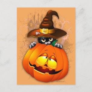 Carte Postale Halloween Kitty Witch and Pumkin Friend Postcard