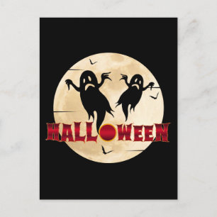 Carte Postale Halloween Lune Silhouette Fantômes chauves-souris