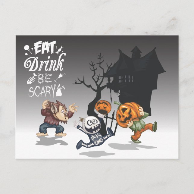 Carte Postale Halloween Maison hantée Werewolf Skeleton Citrouil (Devant)
