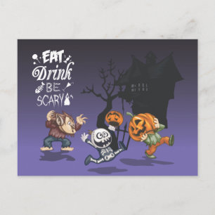 Carte Postale Halloween Maison hantée Werewolf Skeleton Citrouil