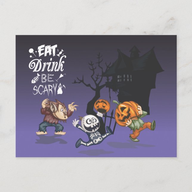 Carte Postale Halloween Maison hantée Werewolf Skeleton Citrouil (Devant)