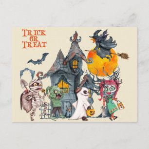 Carte Postale Halloween mignon Trick ou Traiter les créatures