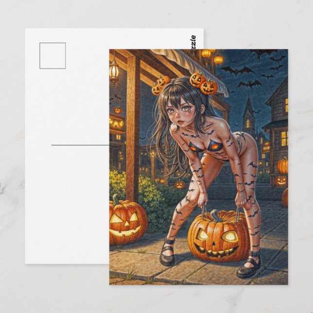 Carte Postale Halloween Monster Jack-o-Lantern & Bat Vixen Girl (Devant / Derrière)