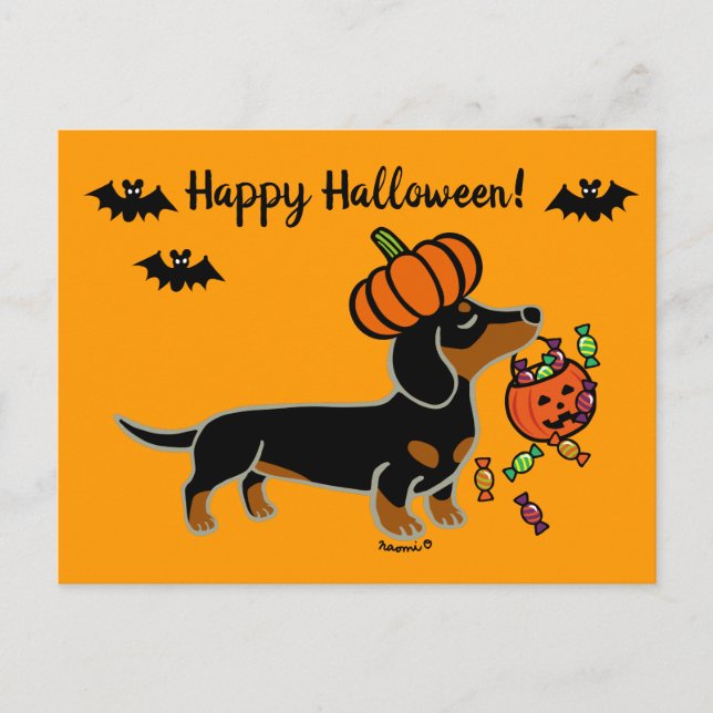 Carte Postale Halloween noir et tan lisse Haired Dachshund (Devant)