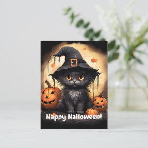 Carte Postale Halloween noir Kitty Citrouille Whitchy