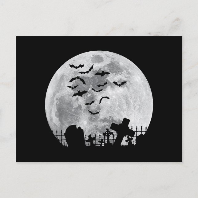 Carte Postale Halloween Pleine lune Cimetière Bats Éffrayants (Devant)