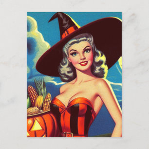 Carte Postale Halloween rétro Pin-up sorcière