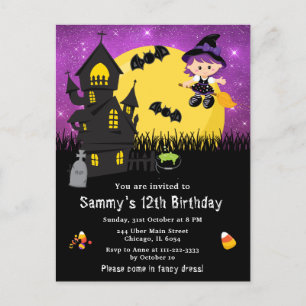Carte Postale Halloween robe fantaisie Anniversaire sorcière vio