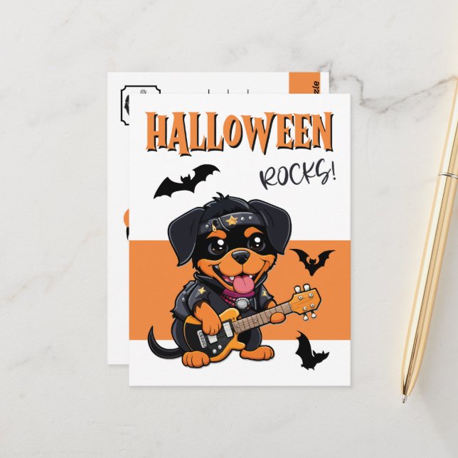 Carte Postale Halloween Rocks Rottweiler Dessin Jouer de la guit (Devant/Arrière en situation)