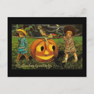Carte Postale Halloween Salutations Boys Jack-o'-lantern Vintage
