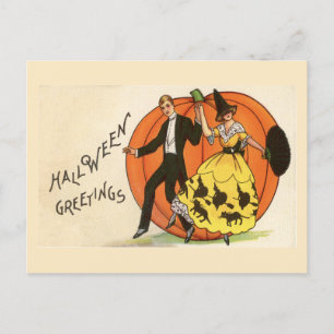 Carte Postale Halloween Salutations Danser Couple Citrouille Vin
