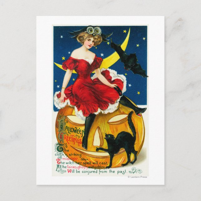 Carte Postale Halloween Salutations Femme sur Jack-o-Lantern (Devant)