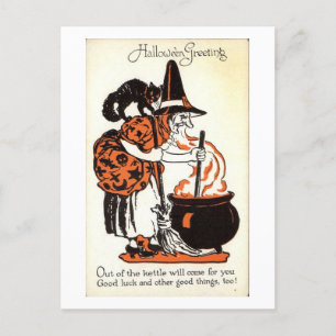 Carte Postale Hallowe'en Salutations Witch et Kettle Vintage