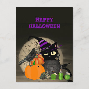 Carte postale Halloween sorcière chat noir pour en